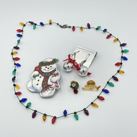 Vintage Christmas Jewelry Lot 6 PC Necklace Brooch Pin Earrings Snowman Angel - Picture 9 of 9